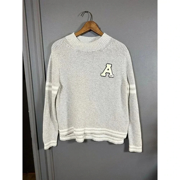 Abercrombie & Fitch Varsity Sweater Women Size L Pullover Gray Knit Logo Preppy - Picture 1 of 9